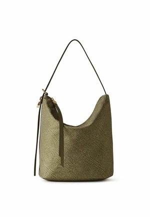 Olive green textured hobo handbag with a single shoulder strap and a long decorative tassel on a white background.