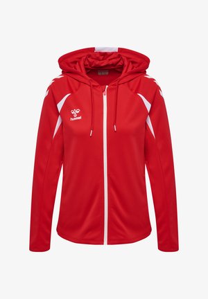 Roter Hoodie mit durchgehendem Reißverschluss, weißen Akzenten, Kordelzügen und hummel-Logo auf der linken Brust, entwickelt für sportliche Aktivitäten.