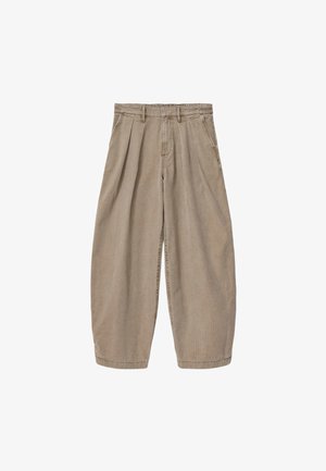 Beige bukser med vide ben, plisseringer, forlommer, bæltestropper og lynlåslukning foran, vist på en hvid baggrund.