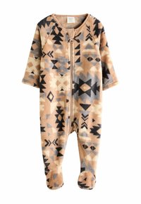 Fleece heldragt med geometriske mønstre i beige, sort og grå. Har en frontlynlås, lange ærmer og fødder.