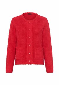 Rode, gestructureerde cardigan met een ronde halslijn, sluiting met knopen aan de voorkant, twee zakken en rafelige randen. Gemaakt van een zacht, geweven materiaal.