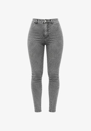 Graue Slim-Fit Jeans mit hoher Taille und Acid-Wash, mit Frontknopf und Gürtelschlaufen, von vorne vor weißem Hintergrund gezeigt.