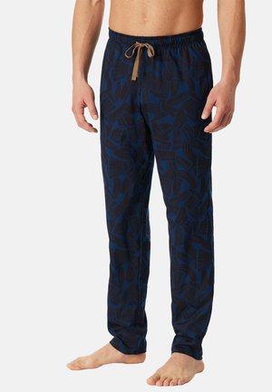 Mørkeblå pyjamasbukser med et diskret bladmønster, lavet af blødt stof, med en elastisk talje og snoretræk.