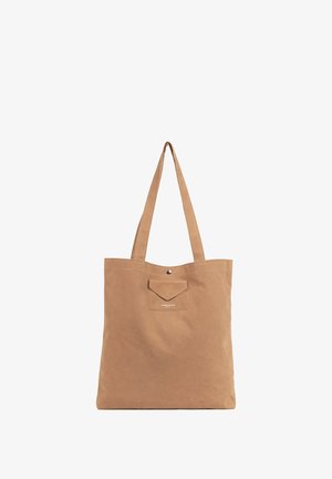 Beige canvas draagtas met twee schouderbanden, een voorvak met een drukknoopsluiting en een subtiel merklogo in reliëf op de voorkant.