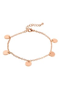 Bracciale in oro rosa caratterizzato da una delicata catena con cinque dischi rotondi e piatti, distribuiti uniformemente lungo la sua lunghezza, chiuso con un gancio a molla.
