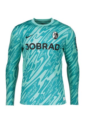 Langærmet fodboldtrøje i blågrøn og lys blå mønster med sort Nike-logo, JOBRAD sponsortekst og Freiburg holdemblem på brystet.
