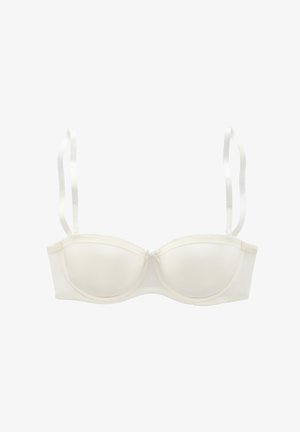 Soutien-gorge con ferretto di colore bianco sporco, realizzato in tessuto liscio, con spalline regolabili e un piccolo fiocco decorativo al centro.