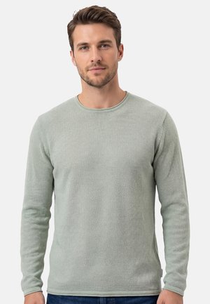 Jonge man met kort bruin haar, gekleed in een lichtgroen, gestructureerd shirt met lange mouwen, staand tegen een effen witte achtergrond.