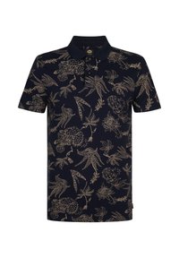 Marineblå poloshirt med gyldne blomster- og fuglemotiver, korte ærmer, krave og tre-knaps lukning. Glat tekstur og almindelig pasform.