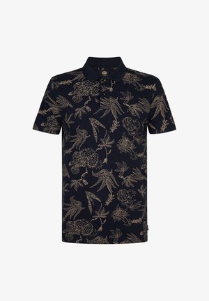 Granatowa koszulka polo z złotymi wzorami kwiatów i ptaków, krótkimi rękawami, kołnierzykiem oraz plisą na trzy guziki. Gładka faktura i regularny krój.