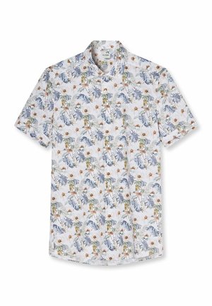 Kurzärmliges Hemd mit Knopfleiste, weißem Hintergrund und einem Blumenmuster aus blauen, grünen und braunen Blättern und Blumen.