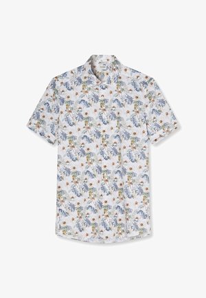 Korte mouwen overhemd met knopen, witte achtergrond en een bloemmotief van blauwe, groene en bruine bladeren en bloemen.