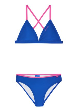 Blaues Bikini-Set mit dreieckigem Oberteil und passendem Unterteil. Hat leuchtend pinke Träger und Besatz. Hergestellt aus glattem, dehnbarem Material.