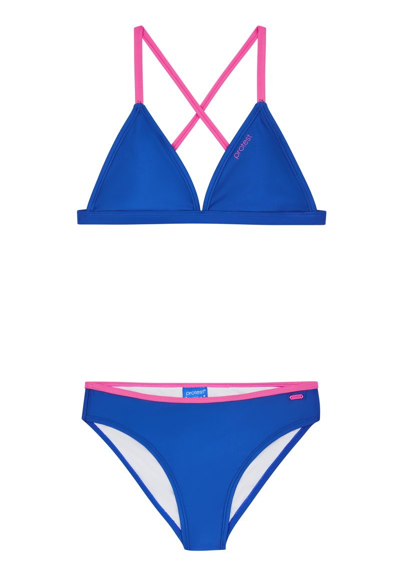 Sininen bikinitaso, jossa on kolmion muotoinen yläosa ja yhteensopivat alaosat. Ominaisuuksiin kuuluvat kirkkaan vaaleanpunaiset hihnat ja reunukset. Valmistettu sileästä ja joustavasta materiaalista.