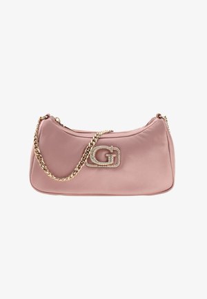 Pink satin handbag with a gold chain strap and a prominent crystal-encrusted logo on the front. Smooth texture and rounded shape.