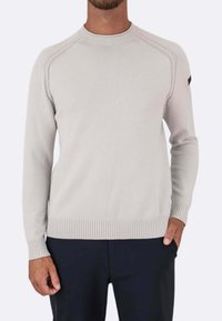 Maglione grigio chiaro con scollo e orlo a coste, caratterizzato da maniche raglan e un piccolo dettaglio nero sulla spalla sinistra. Tessuto lavorato a maglia morbido.