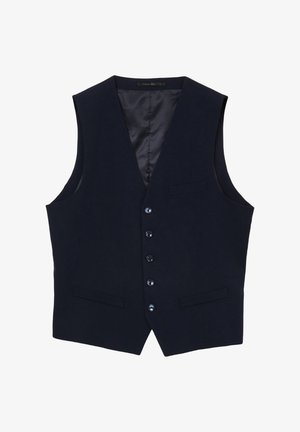 Marineblaues Weste mit V-Ausschnitt, sechs Knöpfen in der Vorderseite, zwei Seitentaschen und glattem Satinfutter. Flache Textur und maßgeschneiderte Passform.