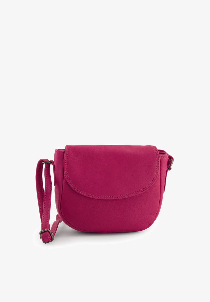 Fuchsia leather crossbody bag with a rounded shape, flap closure, and adjustable strap. Smooth texture with neat stitching accents.