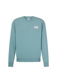 Felpa azzurra chiara realizzata in misto cotone, con polsini e orlo a coste, colletto tondo e un piccolo logo bianco sul petto.