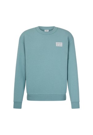 Sweatshirt bleu clair en mélange de coton, avec des poignets et un ourlet côtelés, un col rond, et un petit logo blanc sur la poitrine.