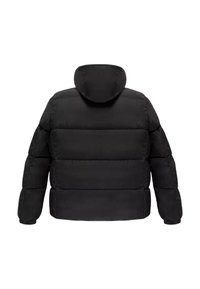 Giacca a vento nera trapuntata orizzontalmente con cappuccio, mostrata da dietro su sfondo bianco.