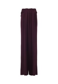 Pantalons à taille élastique et jambe large en prune profond, dotés d'un tissu doux, de plis et d'un design fluide pour un fit confortable et ample.