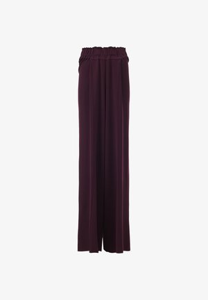 Elastischer Bund, weite Hosen in tiefem Pflaumenfarbe, aus weichem Stoff, mit Falten und einem fließenden Design für einen bequemen, lässigen Sitz.