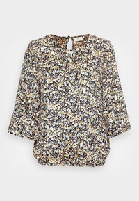 Blusa floreale nera, con fiori azzurri e pesca. Tessuto morbido e leggero con maniche 3/4 e dettaglio a oblò sul retro.