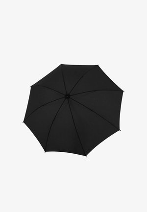 Ombrello nero con un tessuto della copertura liscio e elegante, otto stecche e un mozzo centrale. Il design è semplice e funzionale, senza motivi o accenti.