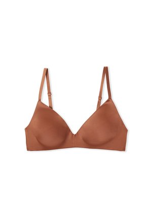 Soutien-gorge triangulaire marron avec des bretelles réglables, en tissu lisse et au design sans coutures. Pas de rembourrage ni d'armature visibles.