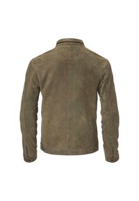 Olivenfarbener Wildlederjacke mit einem Kragen, Seitentaschen und Knopfdetails. Der Rücken zeigt ein geprägtes Logo. Gleichmäßige Oberfläche.