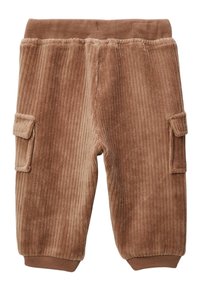 Pantalons en corduroy marron avec texture côtelée, dotés de deux poches latérales, d'une taille élastique et d'ourlets à revers.