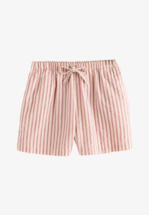 Lyserøde og hvide lodrette stribede shorts i bomuld med elastisk talje og en bindebåndsløkke foran.