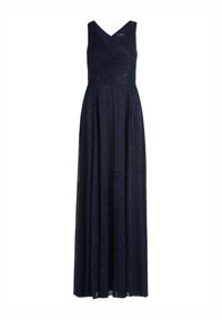 Granatowa, bezrękawnikowa maxi sukienka z dekoltem w serek, teksturowana tkanina, marszczona góra oraz zwiewny dół w pełnej długości.