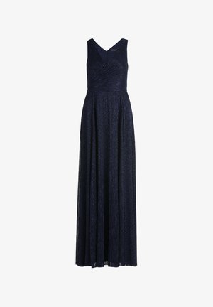 Námořnická modrá maxi šaty bez rukávů s výstřihem do V, texturovaná tkanina, nabíraný korzet a splývavá sukně v plné délce.