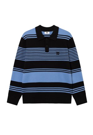 Langærmet polo-shirt med sorte og lyseblå striber, en krave, et lille broderet logo på brystet og knapstykke.