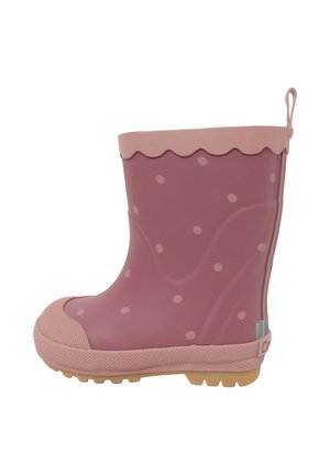 Roze kinderregenlaars met lichtroze stippen, golvende bovenzijde, rubberen zool en treklus achterop.