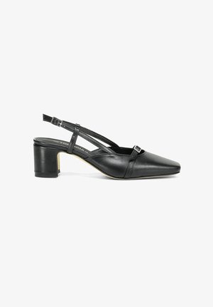 Zwart leren slingback schoen met lage blokhak, puntige neus en dubbele band met een kleine zilveren gesp op een witte achtergrond.