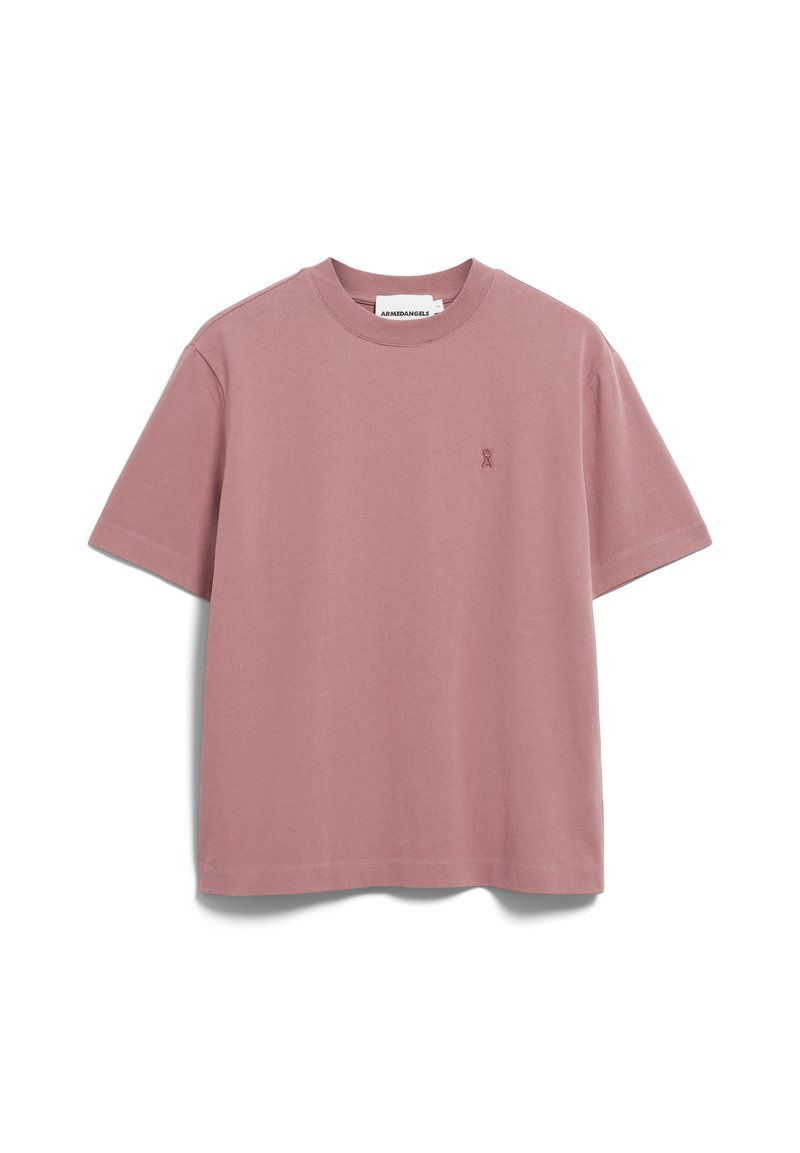 Rosa Baumwoll-T-Shirt mit kurzen Ärmeln und Rundhalsausschnitt. Mit einem kleinen, gestickten Logo auf der linken Brust. Glatte Textur.