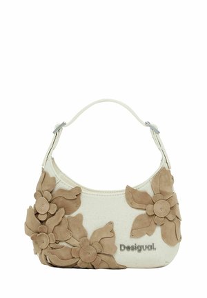Petit sac à main blanc avec appliques florales en suède beige et logo argenté "Desigual" sur le devant, avec une courte bandoulière.