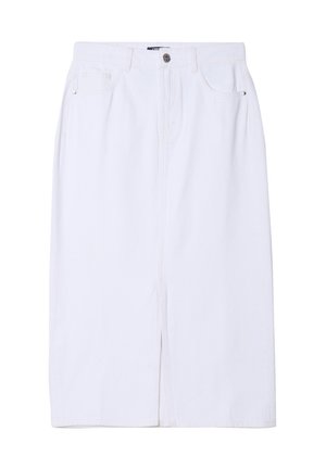 Jupe en denim blanc avec une coupe droite, fente avant, passants de ceinture et deux poches latérales. Dotée d'une fermeture à bouton et à fermeture éclair.