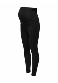 Leggings de maternité noirs, avec une taille haute élastique. Dotés d'une texture lisse et d'un design ajusté, idéaux pour le confort pendant la grossesse.