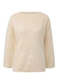 Hellbeiger Pullover mit glatter Textur, der ein erhabenes Blumenmuster auf der Vorderseite und einen Rundhalsausschnitt aufweist. Lange Ärmel.