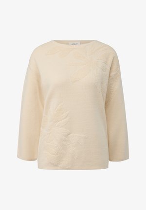 Hellbeiger Pullover mit glatter Textur, der ein erhabenes Blumenmuster auf der Vorderseite und einen Rundhalsausschnitt aufweist. Lange Ärmel.