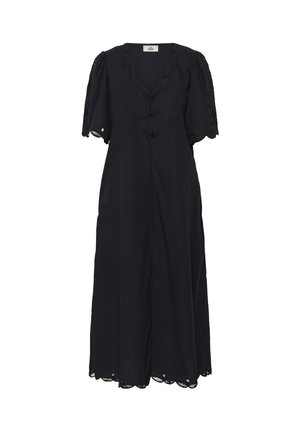 Vestido midi negro con mangas cortas abullonadas, bordado floral en el escote y las mangas, cierre frontal con botones y borde festoneado con detalles de ojales.