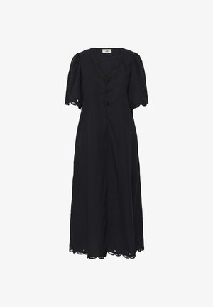 Czarna sukienka midi z krótkimi bufkami, kwiatowym haftem na dekolcie i rękawach, zapięciem na guziki z przodu oraz falbankowym dołem z ażurowymi detalami.