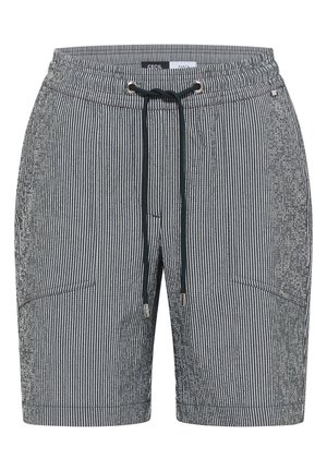 Herre sorte og hvide lodrette stribede shorts med elastisk taljebånd og sort snøre, forlommer og et lille mærke indeni.