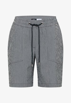 Herre sorte og hvide lodrette stribede shorts med elastisk taljebånd og sort snøre, forlommer og et lille mærke indeni.