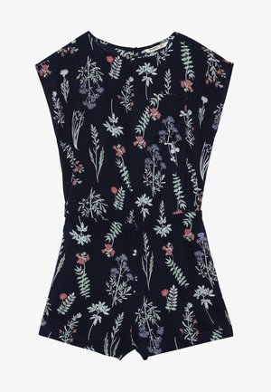 Tmavě modrý květovaný overal s zelenými a červenými rostlinnými vzory, krátkými rukávy, staženým pasem a malou kapsou na prsou. Měkká textura látky.