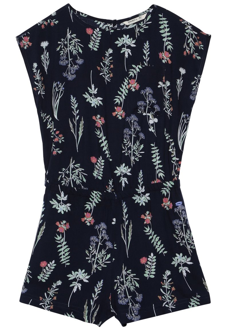 Granatowy kombinezon w kwiaty z zielonymi i czerwonymi wzorami roślinnymi, krótkimi rękawami, taliowaniem i małą kieszonką na piersi. Miękka faktura materiału.